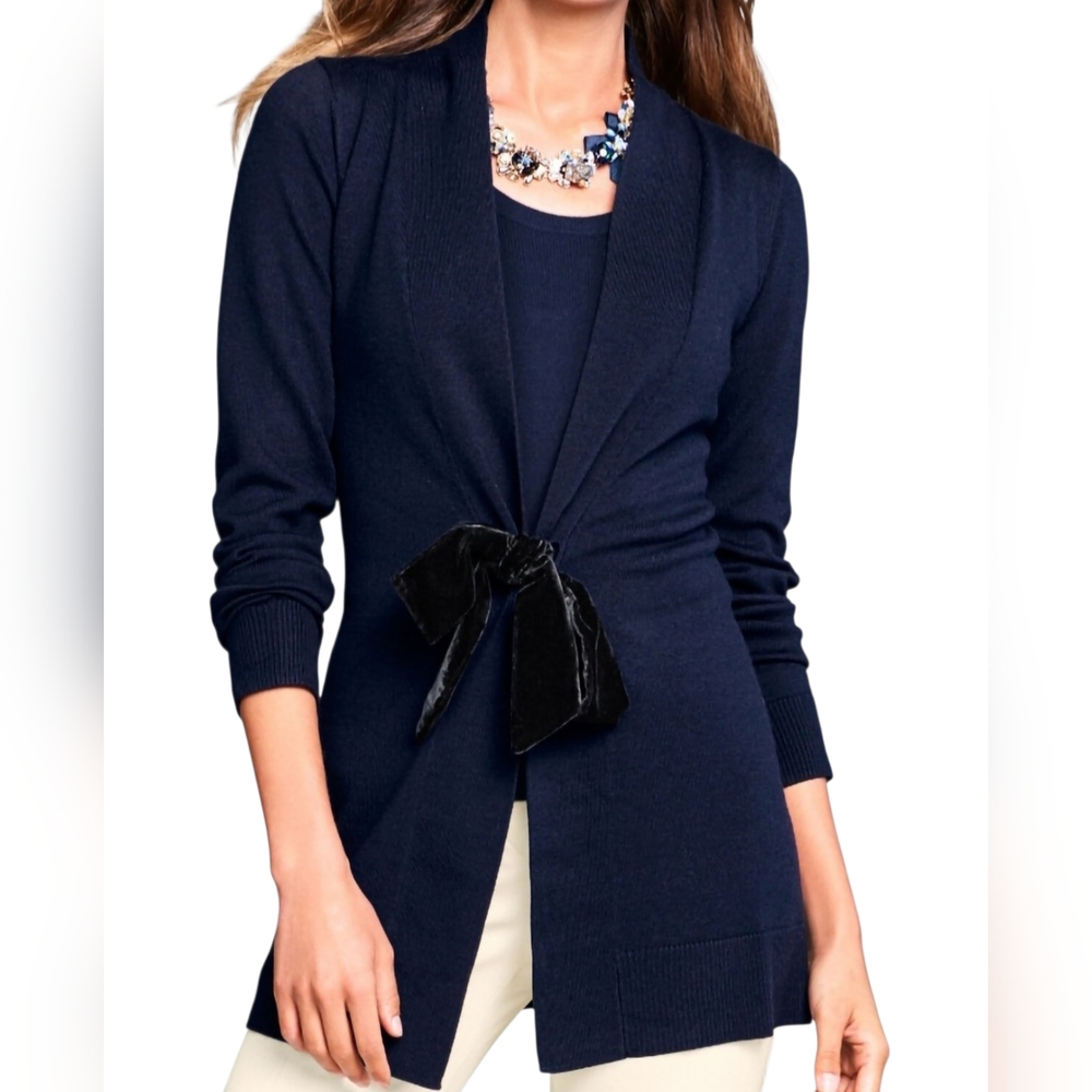 Talbots Merino Wool Tie-Front Navy Blue Women's Cardigan Sweater Sz M